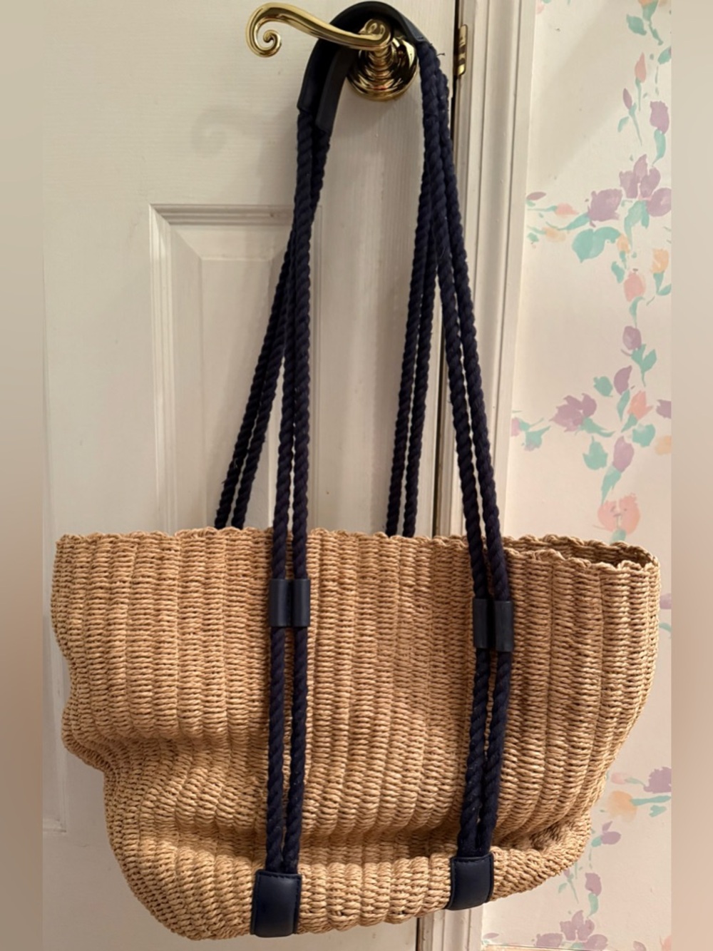 J. Crew Natural Straw Tote with Navy Rope Straps